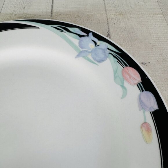 Excel CARAVEL Pink Purple Floral Iris Tulips Black Border Dinner Plates Set of 4 - Picture 14 of 16